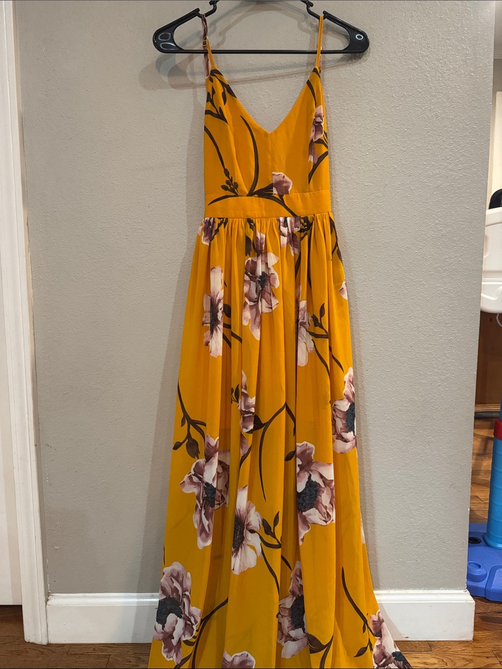 Miss Avenue Mustard Floral Maxi Dress with V-Neck and Spaghetti Straps